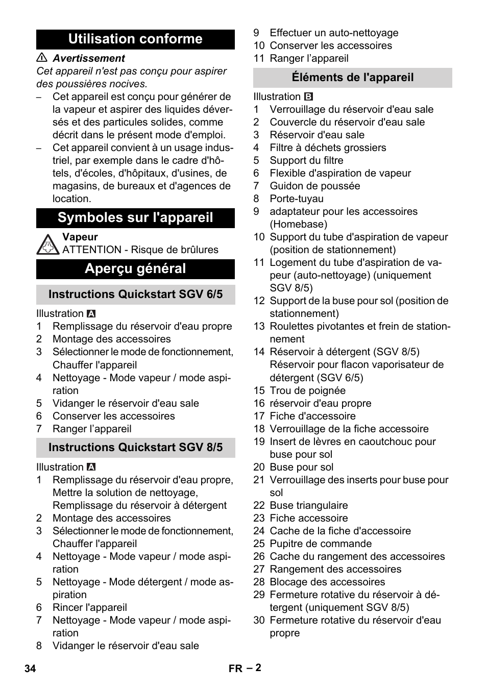 Utilisation conforme, Symboles sur l'appareil, Aperçu général | Instructions quickstart sgv 6/5, Instructions quickstart sgv 8/5, Éléments de l'appareil | Karcher SGV 8-5 User Manual | Page 34 / 372