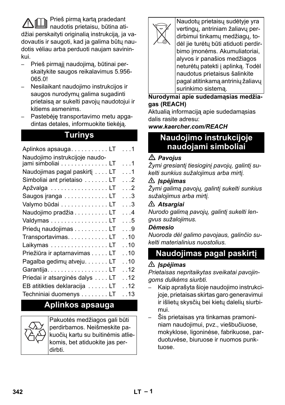 Lietuviškai, Turinys, Aplinkos apsauga | Naudojimo instrukcijoje naudojami simboliai, Naudojimas pagal paskirtį | Karcher SGV 8-5 User Manual | Page 342 / 372
