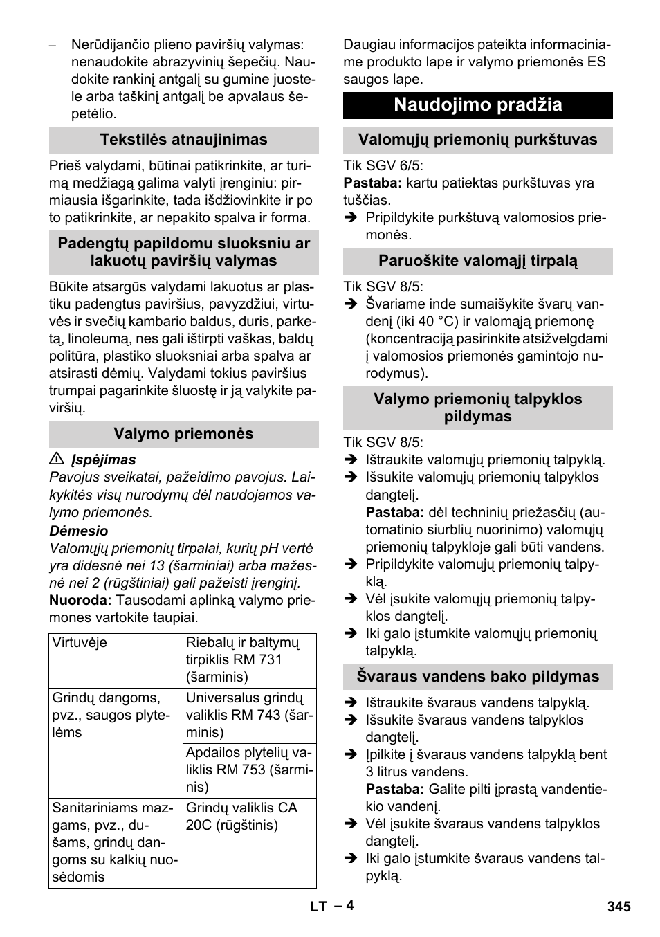Tekstilės atnaujinimas, Valymo priemonės, Naudojimo pradžia | Valomųjų priemonių purkštuvas, Paruoškite valomąjį tirpalą, Valymo priemonių talpyklos pildymas, Švaraus vandens bako pildymas | Karcher SGV 8-5 User Manual | Page 345 / 372