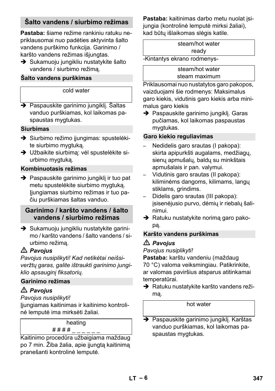 Šalto vandens / siurbimo režimas, Šalto vandens purškimas, Siurbimas | Kombinuotasis režimas, Garinimo režimas, Garo kiekio reguliavimas, Karšto vandens purškimas | Karcher SGV 8-5 User Manual | Page 347 / 372