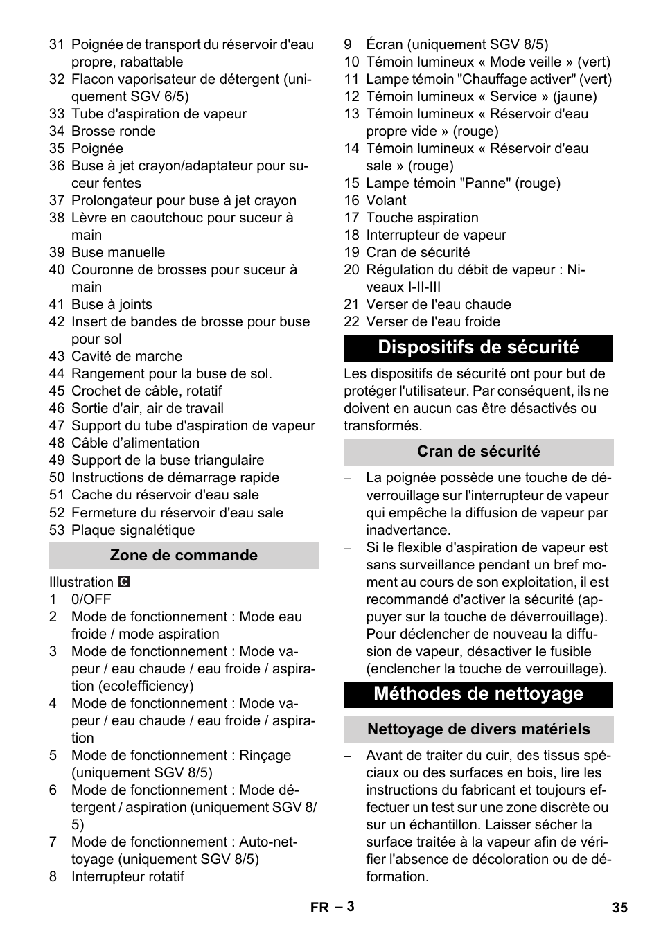 Zone de commande, Dispositifs de sécurité, Cran de sécurité | Méthodes de nettoyage, Nettoyage de divers matériels | Karcher SGV 8-5 User Manual | Page 35 / 372