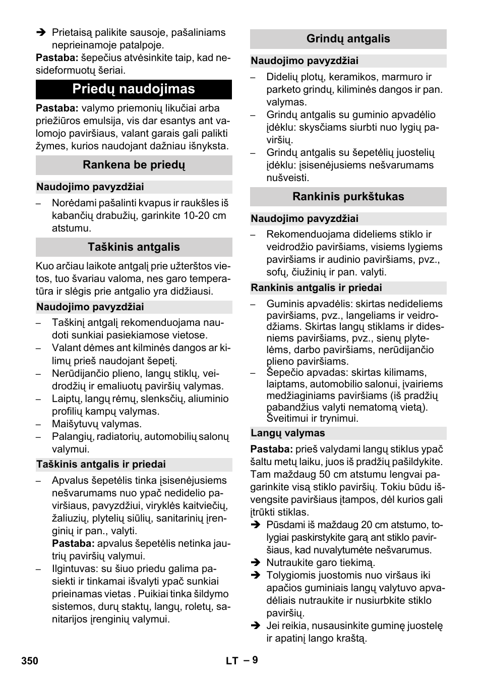 Priedų naudojimas, Rankena be priedų, Naudojimo pavyzdžiai | Taškinis antgalis, Taškinis antgalis ir priedai, Grindų antgalis, Rankinis purkštukas, Rankinis antgalis ir priedai, Langų valymas | Karcher SGV 8-5 User Manual | Page 350 / 372