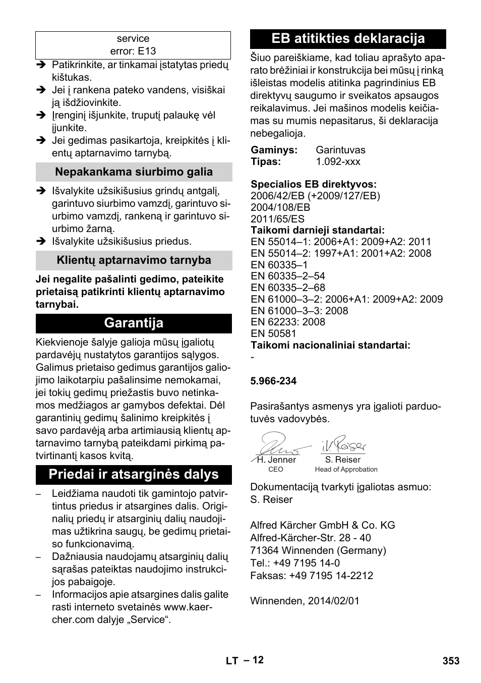 Nepakankama siurbimo galia, Klientų aptarnavimo tarnyba, Garantija | Priedai ir atsarginės dalys, Eb atitikties deklaracija | Karcher SGV 8-5 User Manual | Page 353 / 372
