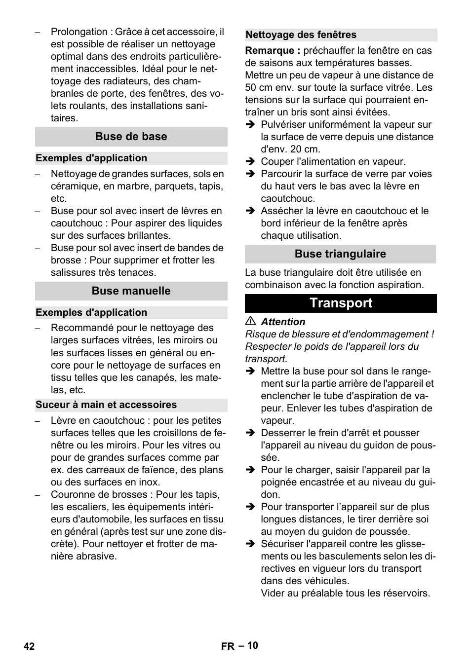 Buse de base, Exemples d'application, Buse manuelle | Suceur à main et accessoires, Nettoyage des fenêtres, Buse triangulaire, Transport | Karcher SGV 8-5 User Manual | Page 42 / 372