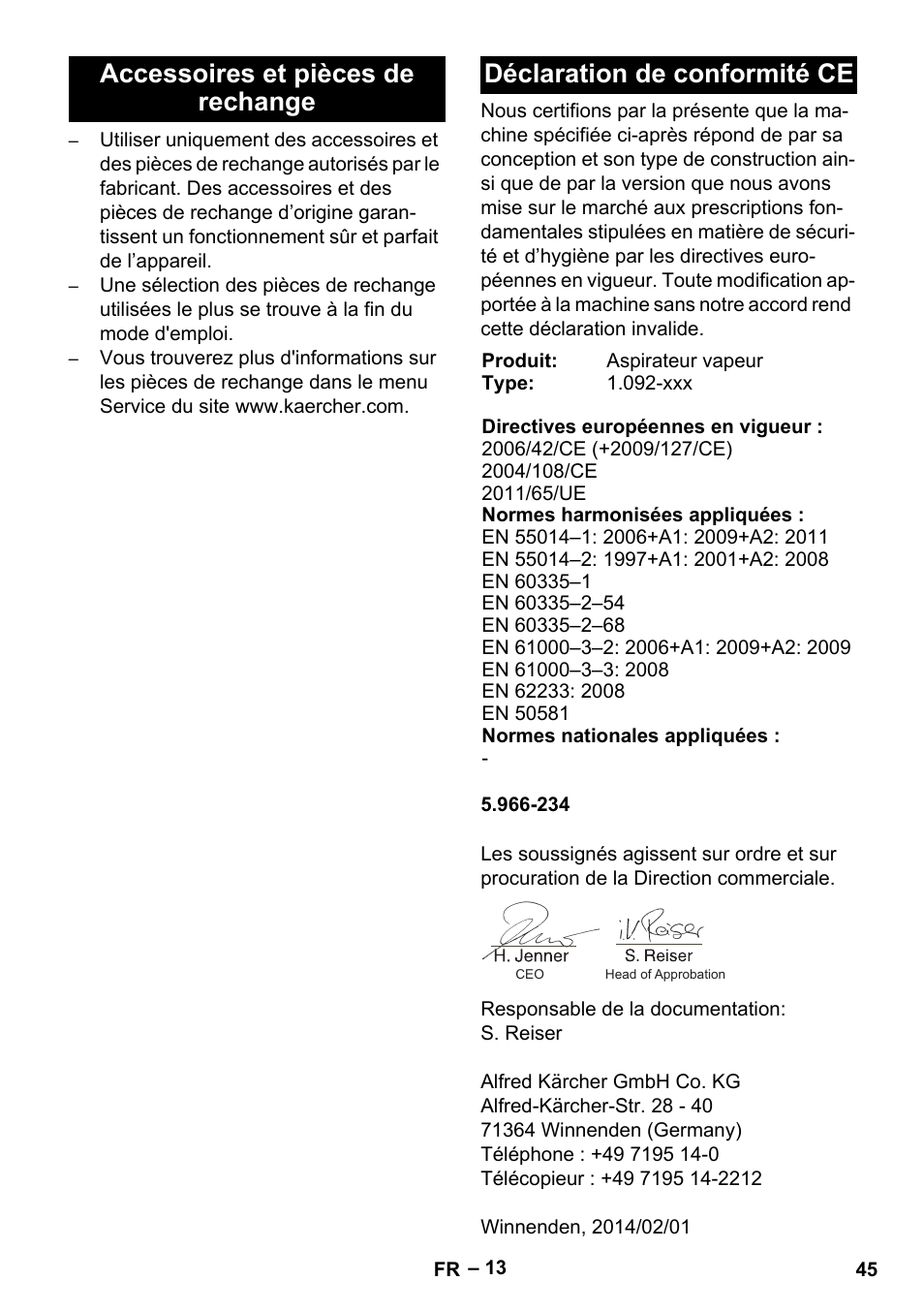 Accessoires et pièces de rechange, Déclaration de conformité ce | Karcher SGV 8-5 User Manual | Page 45 / 372