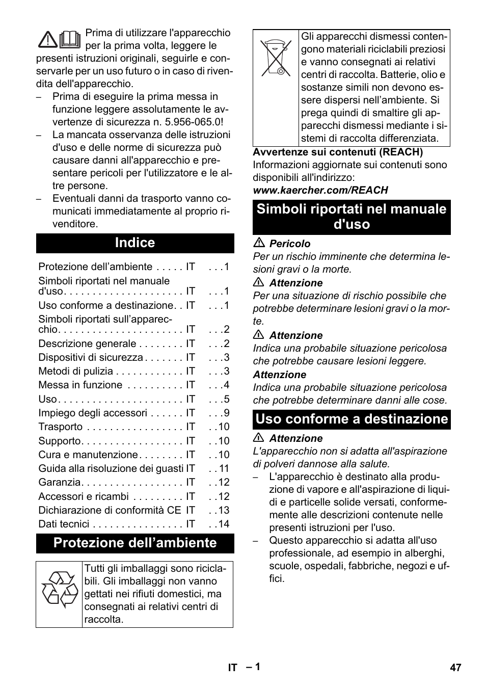 Italiano, Indice, Protezione dell’ambiente | Simboli riportati nel manuale d'uso, Uso conforme a destinazione | Karcher SGV 8-5 User Manual | Page 47 / 372