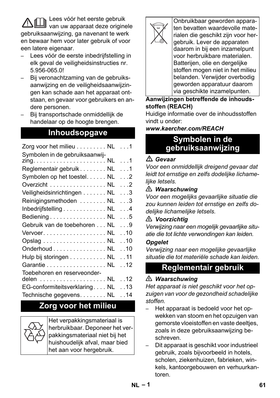 Nederlands, Inhoudsopgave, Zorg voor het milieu | Symbolen in de gebruiksaanwijzing, Reglementair gebruik | Karcher SGV 8-5 User Manual | Page 61 / 372