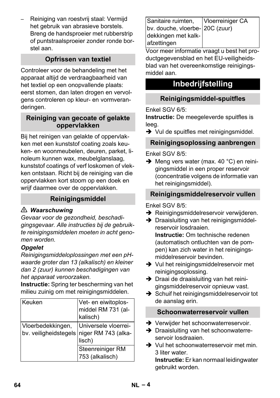 Opfrissen van textiel, Reiniging van gecoate of gelakte oppervlakken, Reinigingsmiddel | Inbedrijfstelling, Reinigingsmiddel-spuitfles, Reinigingsoplossing aanbrengen, Reinigingsmiddelreservoir vullen, Schoonwaterreservoir vullen | Karcher SGV 8-5 User Manual | Page 64 / 372