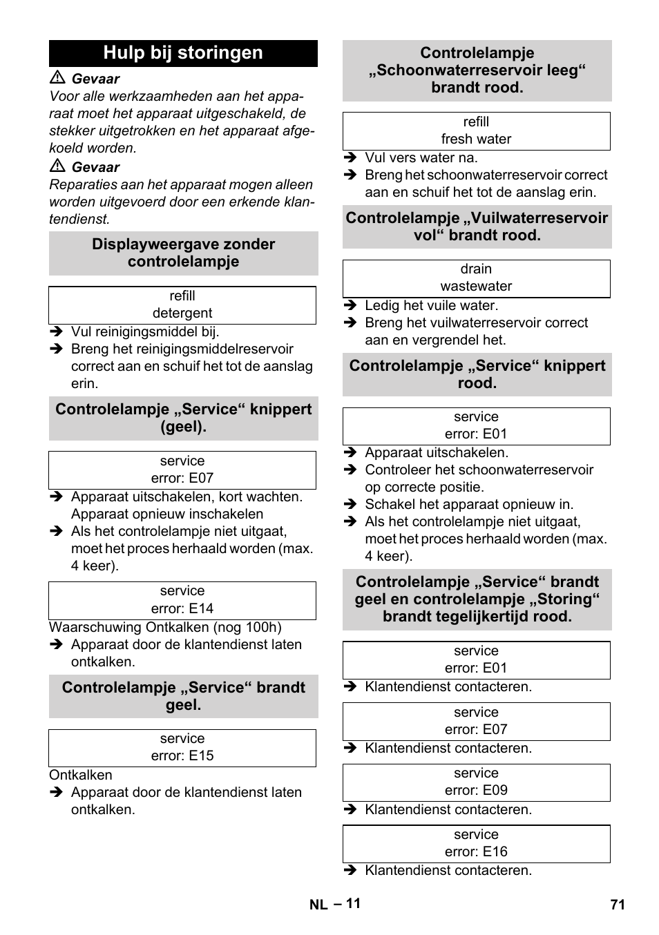 Hulp bij storingen, Displayweergave zonder controlelampje, Controlelampje „service“ knippert (geel) | Controlelampje „service“ brandt geel, Controlelampje „service“ knippert rood | Karcher SGV 8-5 User Manual | Page 71 / 372