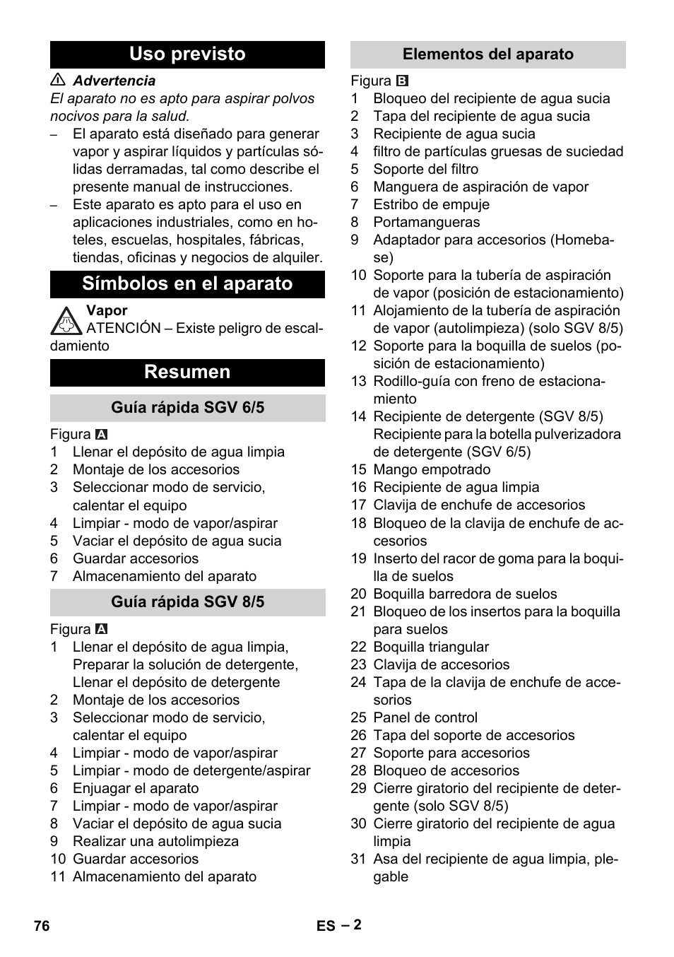 Uso previsto, Símbolos en el aparato, Resumen | Guía rápida sgv 6/5, Guía rápida sgv 8/5, Elementos del aparato, Uso previsto símbolos en el aparato resumen | Karcher SGV 8-5 User Manual | Page 76 / 372