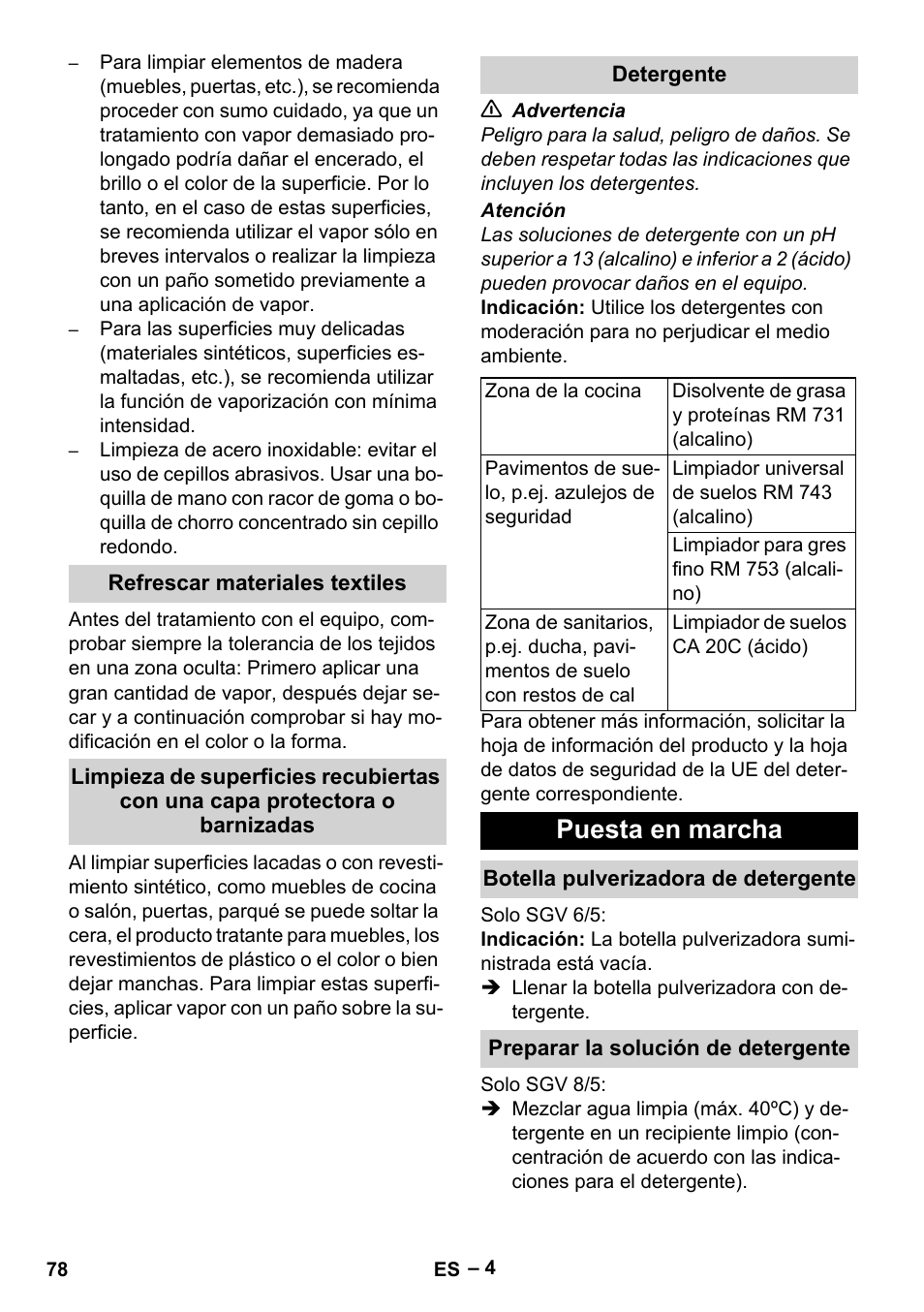 Refrescar materiales textiles, Detergente, Puesta en marcha | Botella pulverizadora de detergente, Preparar la solución de detergente | Karcher SGV 8-5 User Manual | Page 78 / 372