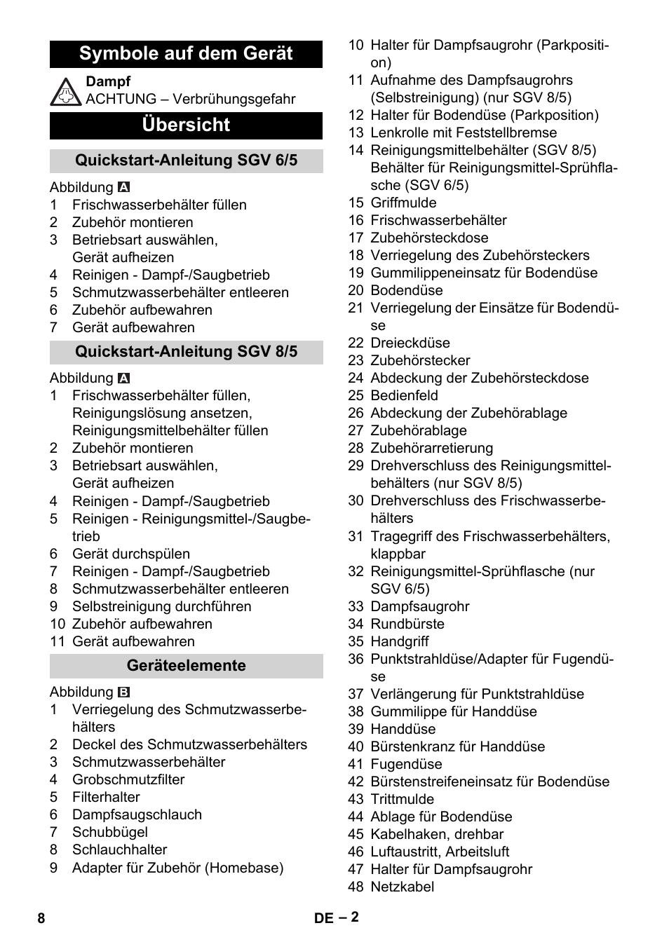 Symbole auf dem gerät, Übersicht, Quickstart-anleitung sgv 6/5 | Quickstart-anleitung sgv 8/5, Geräteelemente, Symbole auf dem gerät übersicht | Karcher SGV 8-5 User Manual | Page 8 / 372