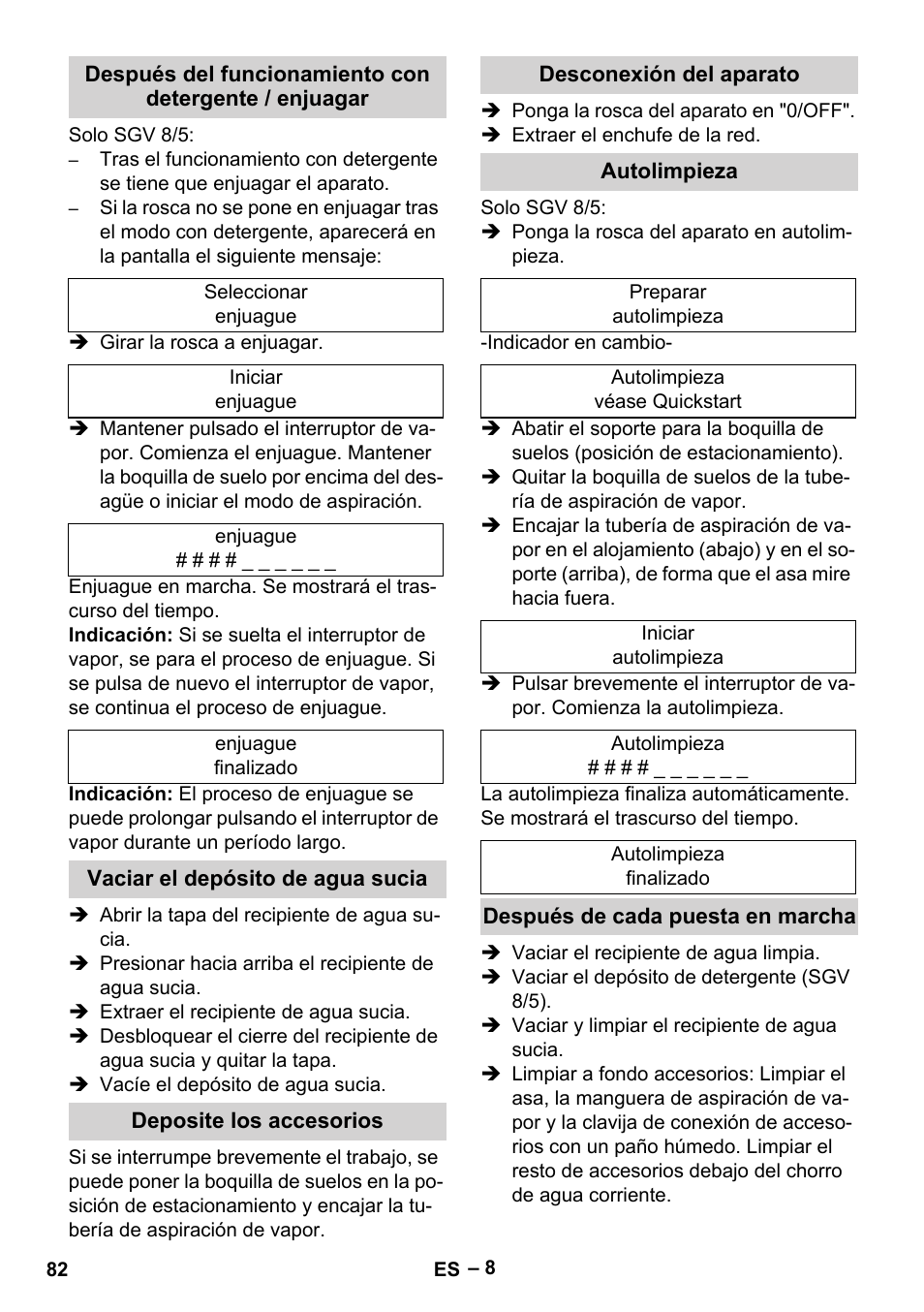 Vaciar el depósito de agua sucia, Deposite los accesorios, Desconexión del aparato | Autolimpieza, Después de cada puesta en marcha | Karcher SGV 8-5 User Manual | Page 82 / 372
