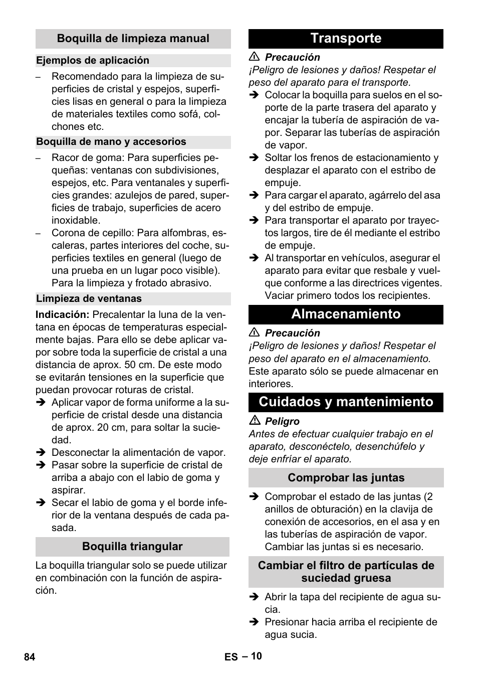 Boquilla de limpieza manual, Ejemplos de aplicación, Boquilla de mano y accesorios | Limpieza de ventanas, Boquilla triangular, Transporte, Almacenamiento, Cuidados y mantenimiento, Comprobar las juntas, Cambiar el filtro de partículas de suciedad gruesa | Karcher SGV 8-5 User Manual | Page 84 / 372