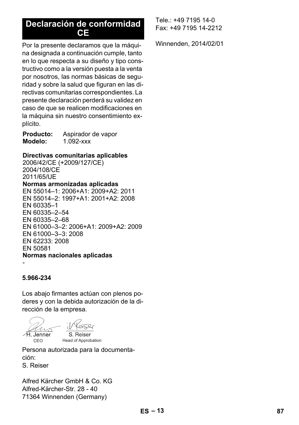 Declaración de conformidad ce | Karcher SGV 8-5 User Manual | Page 87 / 372
