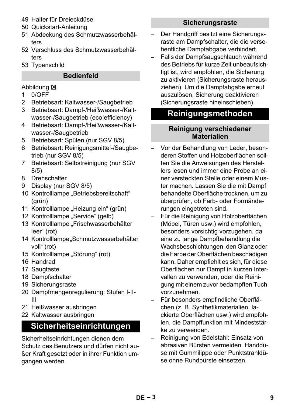 Bedienfeld, Sicherheitseinrichtungen, Sicherungsraste | Reinigungsmethoden, Reinigung verschiedener materialien | Karcher SGV 8-5 User Manual | Page 9 / 372