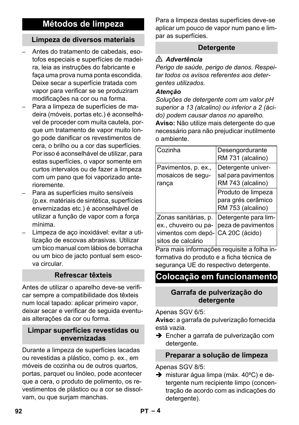 Métodos de limpeza, Limpeza de diversos materiais, Refrescar têxteis | Limpar superfícies revestidas ou envernizadas, Detergente, Colocação em funcionamento, Garrafa de pulverização do detergente, Preparar a solução de limpeza | Karcher SGV 8-5 User Manual | Page 92 / 372