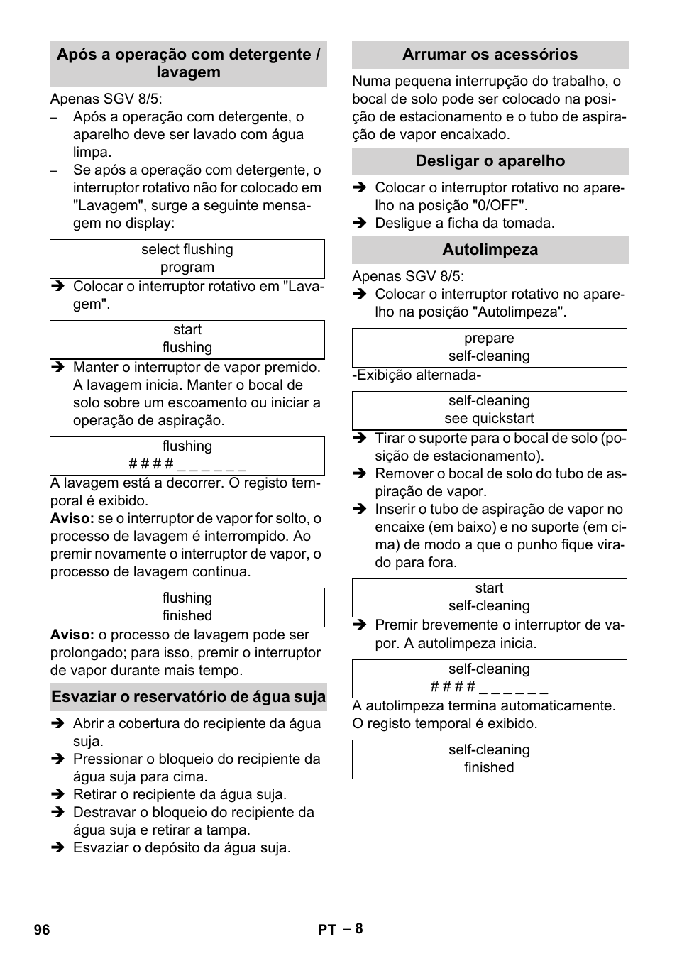 Após a operação com detergente / lavagem, Esvaziar o reservatório de água suja, Arrumar os acessórios | Desligar o aparelho, Autolimpeza | Karcher SGV 8-5 User Manual | Page 96 / 372