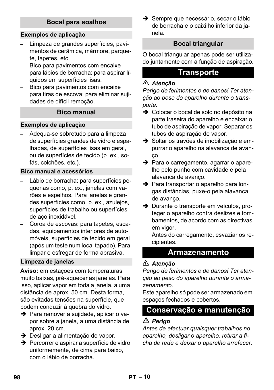 Bocal para soalhos, Exemplos de aplicação, Bico manual | Bico manual e acessórios, Limpeza de janelas, Bocal triangular, Transporte, Armazenamento, Conservação e manutenção, Transporte armazenamento conservação e manutenção | Karcher SGV 8-5 User Manual | Page 98 / 372