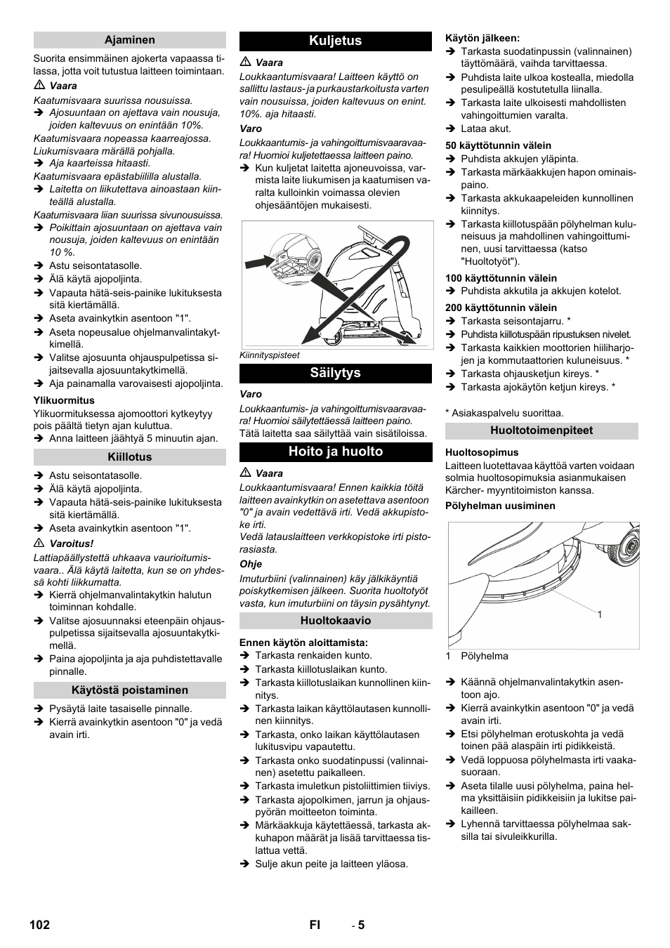 Kuljetus säilytys hoito ja huolto | Karcher BDP 50 - 2000 RS Bp Pack User Manual | Page 102 / 236