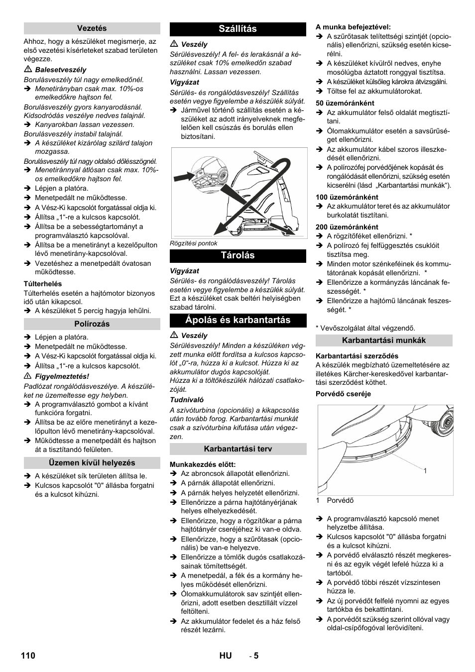 Szállítás tárolás ápolás és karbantartás | Karcher BDP 50 - 2000 RS Bp Pack User Manual | Page 110 / 236