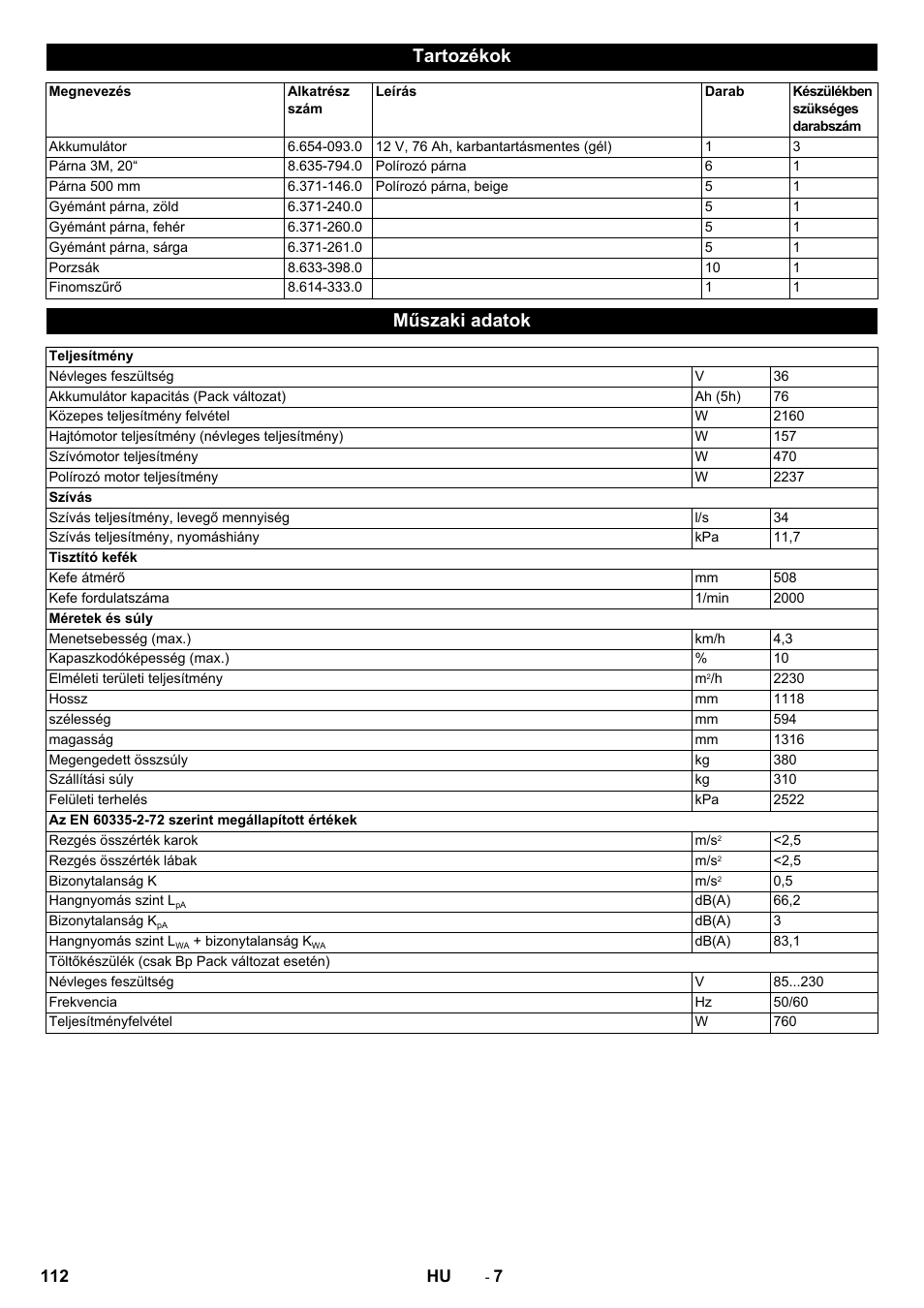 Tartozékok, Műszaki adatok | Karcher BDP 50 - 2000 RS Bp Pack User Manual | Page 112 / 236