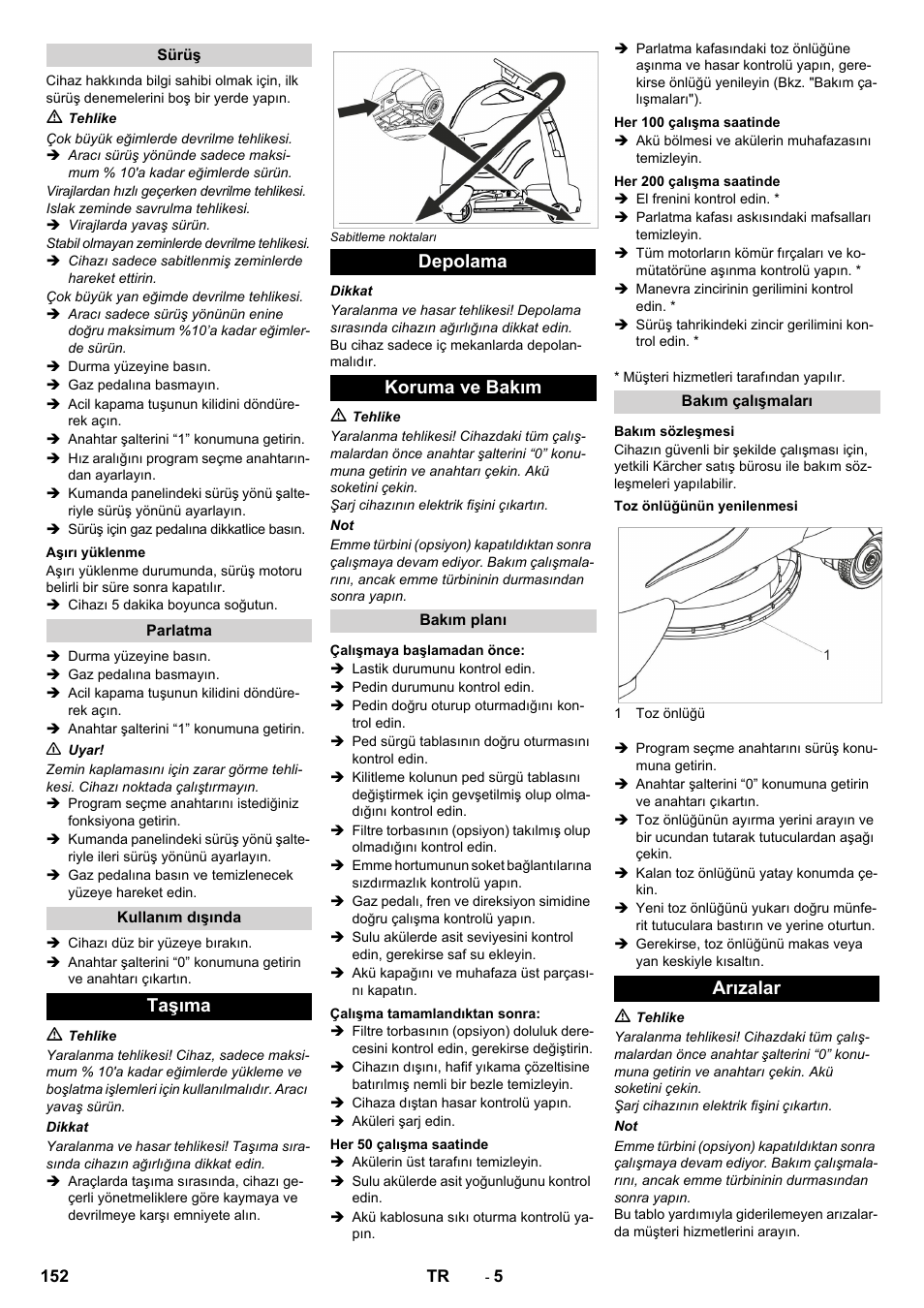 Taşıma depolama koruma ve bakım, Arızalar | Karcher BDP 50 - 2000 RS Bp Pack User Manual | Page 152 / 236