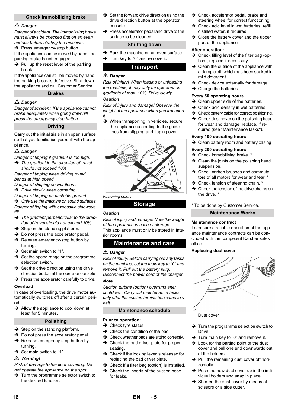 Transport storage maintenance and care | Karcher BDP 50 - 2000 RS Bp Pack User Manual | Page 16 / 236