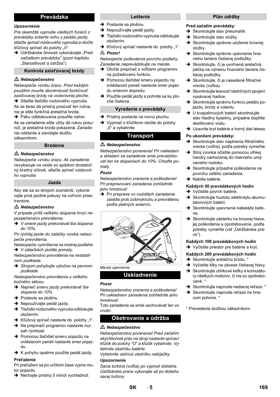 Prevádzka, Transport uskladnenie ošetrovanie a údržba | Karcher BDP 50 - 2000 RS Bp Pack User Manual | Page 169 / 236