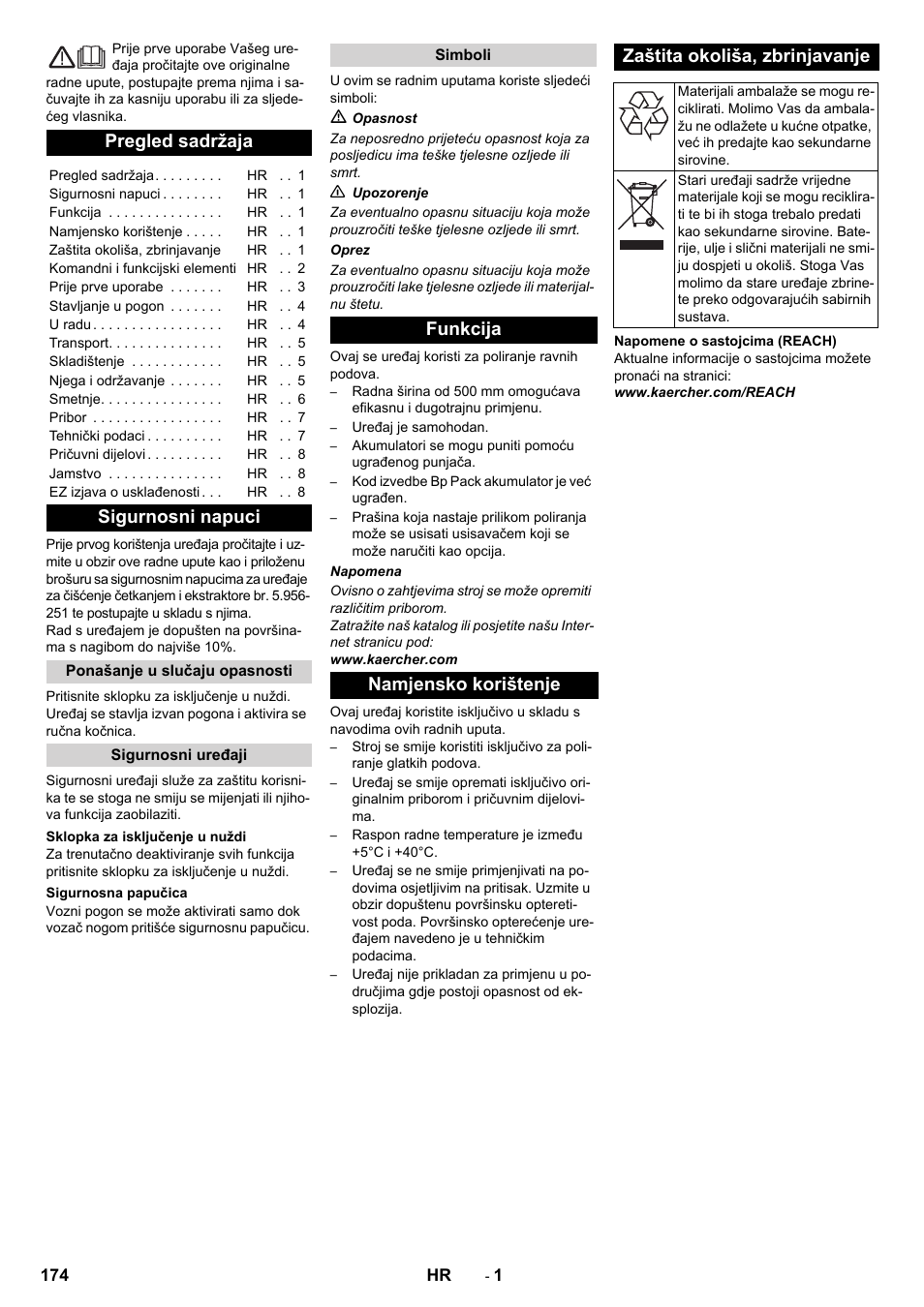 Hrvatski, Pregled sadržaja, Sigurnosni napuci | Karcher BDP 50 - 2000 RS Bp Pack User Manual | Page 174 / 236