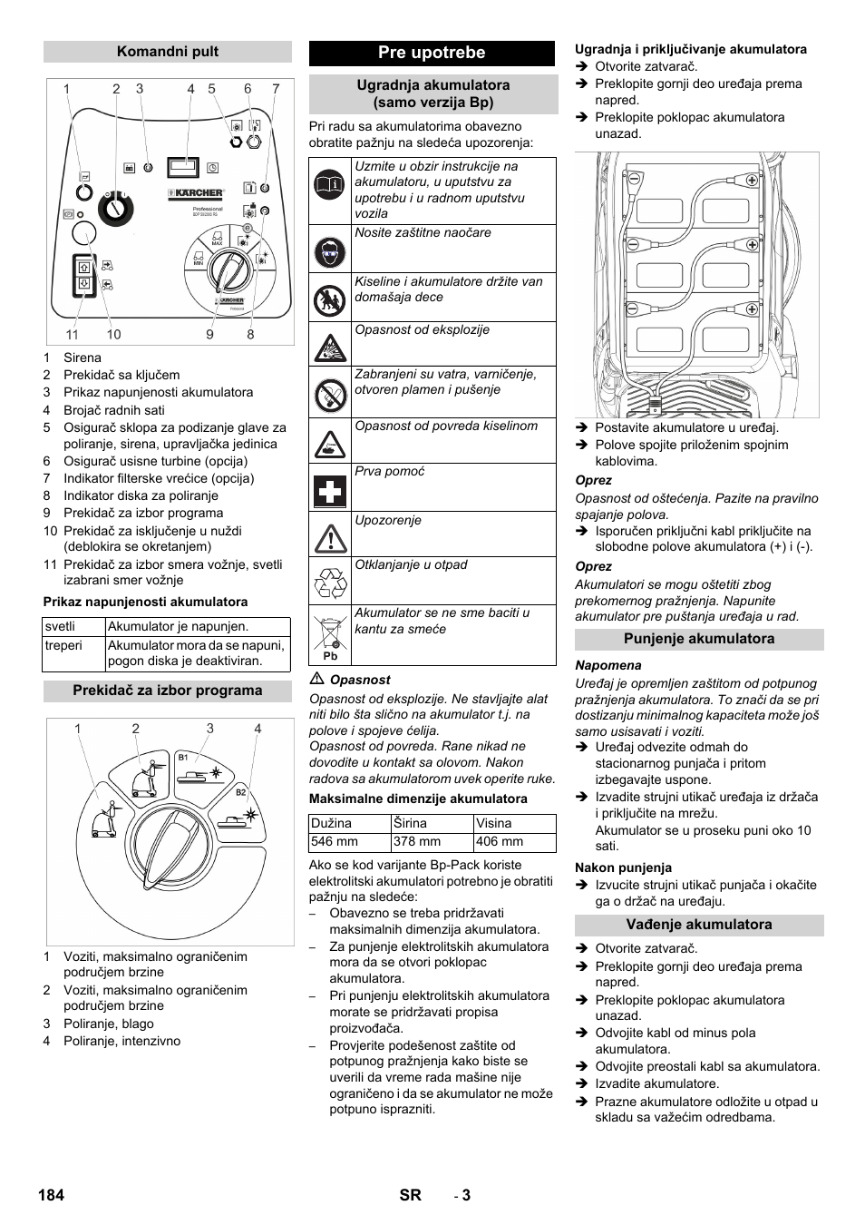 Pre upotrebe | Karcher BDP 50 - 2000 RS Bp Pack User Manual | Page 184 / 236