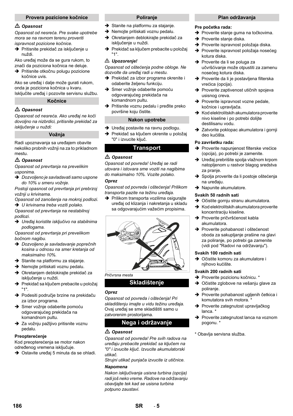 Transport skladištenje nega i održavanje | Karcher BDP 50 - 2000 RS Bp Pack User Manual | Page 186 / 236