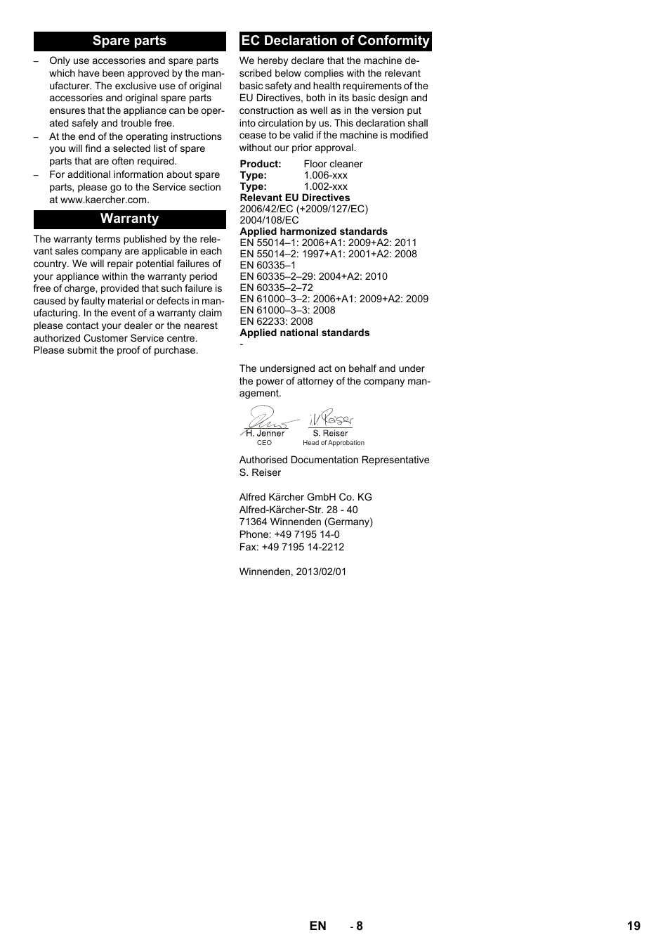 Spare parts warranty ec declaration of conformity | Karcher BDP 50 - 2000 RS Bp Pack User Manual | Page 19 / 236