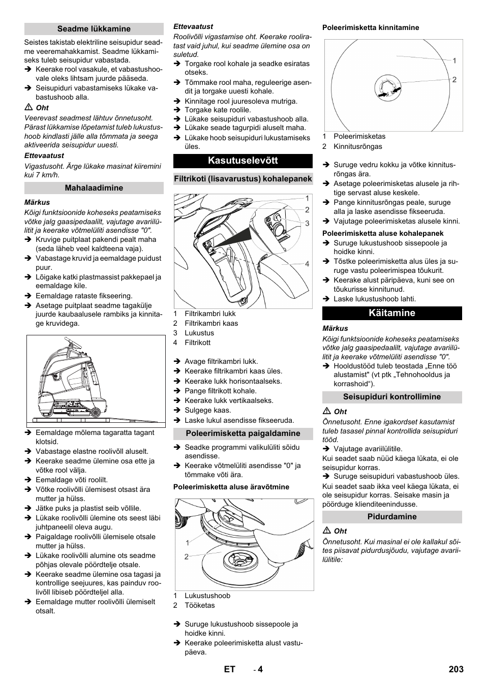 Kasutuselevõtt, Käitamine | Karcher BDP 50 - 2000 RS Bp Pack User Manual | Page 203 / 236