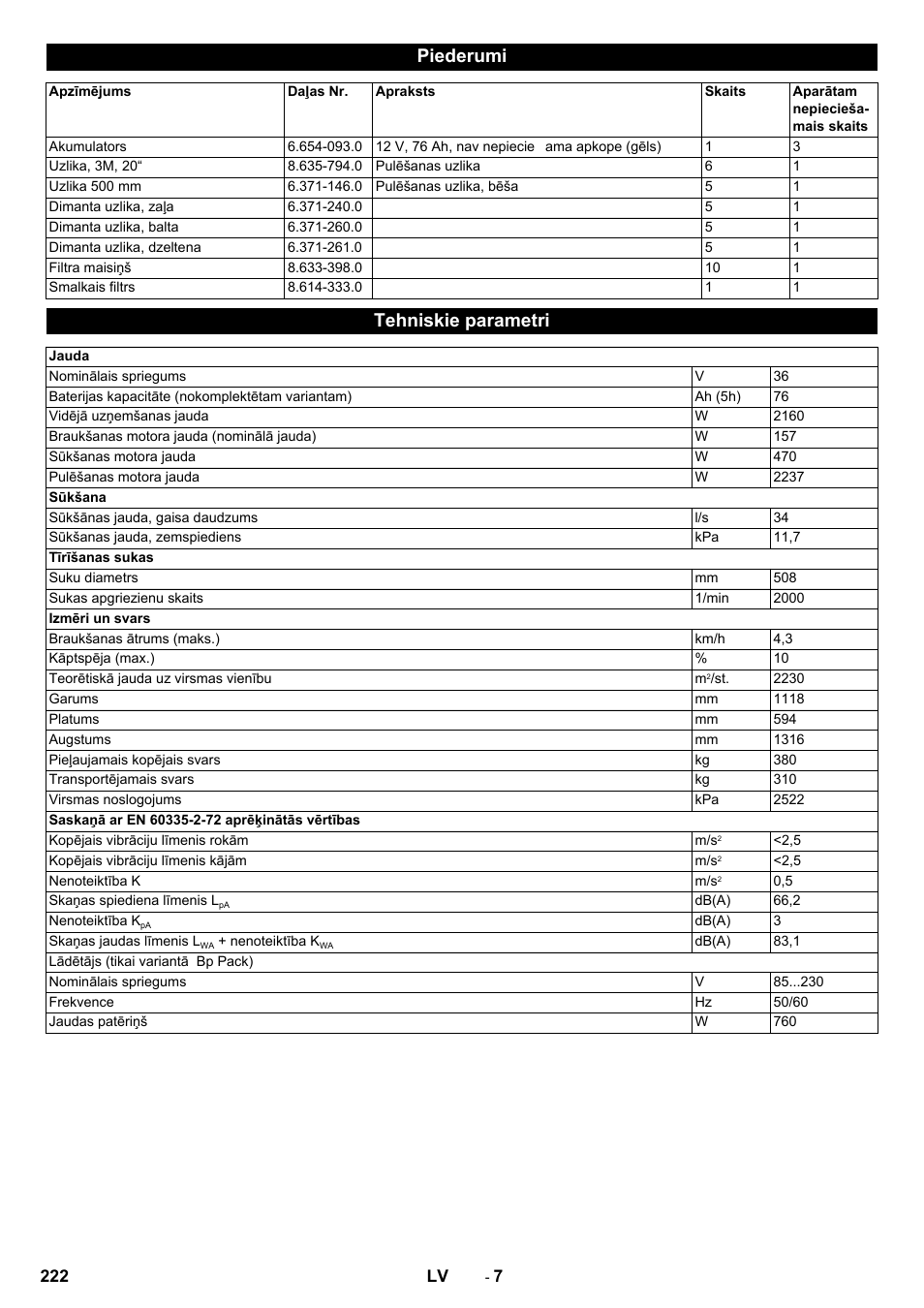 Piederumi, Tehniskie parametri | Karcher BDP 50 - 2000 RS Bp Pack User Manual | Page 222 / 236