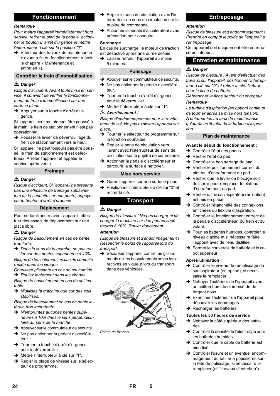 Fonctionnement, Transport entreposage entretien et maintenance | Karcher BDP 50 - 2000 RS Bp Pack User Manual | Page 24 / 236