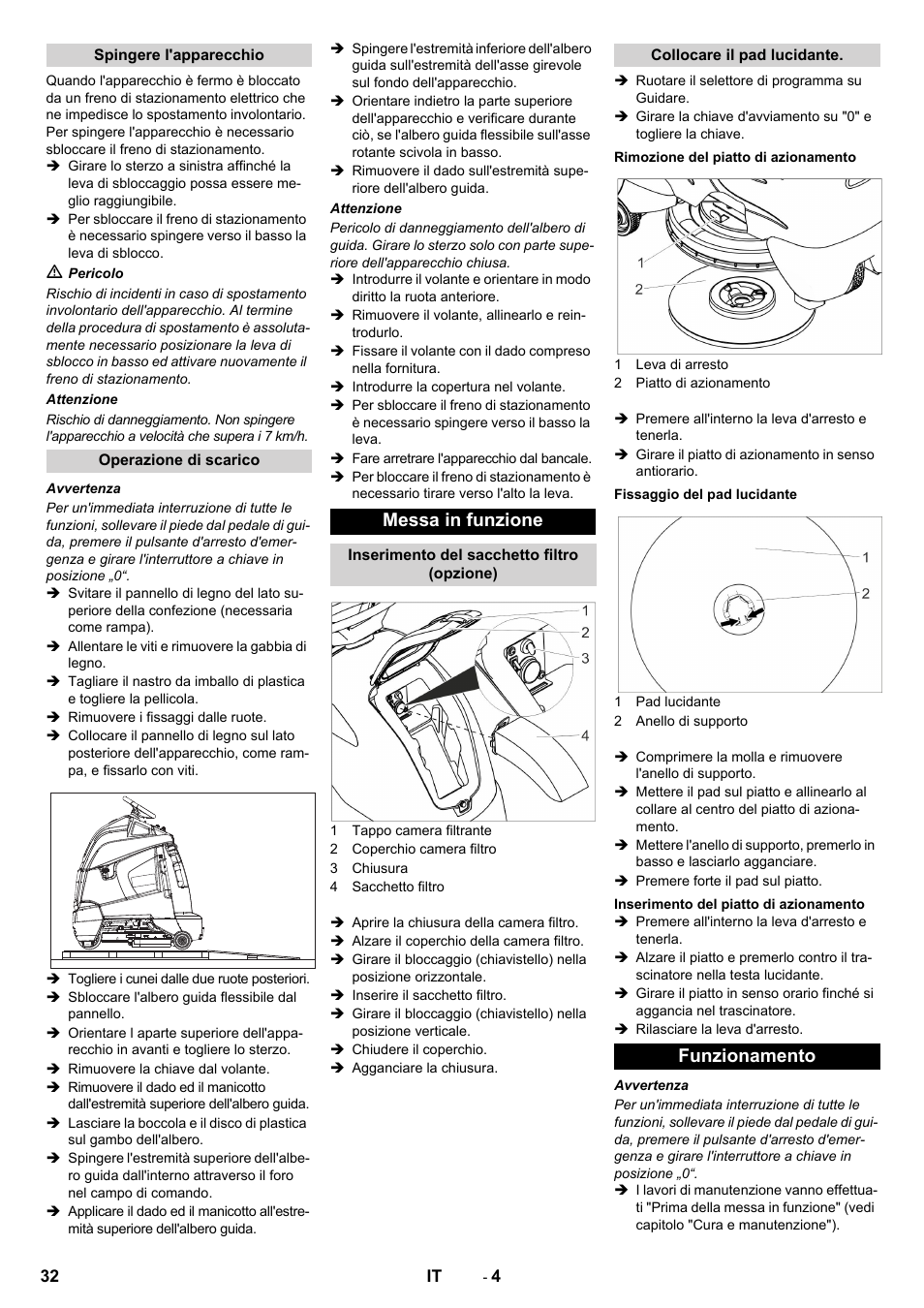 Messa in funzione, Funzionamento | Karcher BDP 50 - 2000 RS Bp Pack User Manual | Page 32 / 236