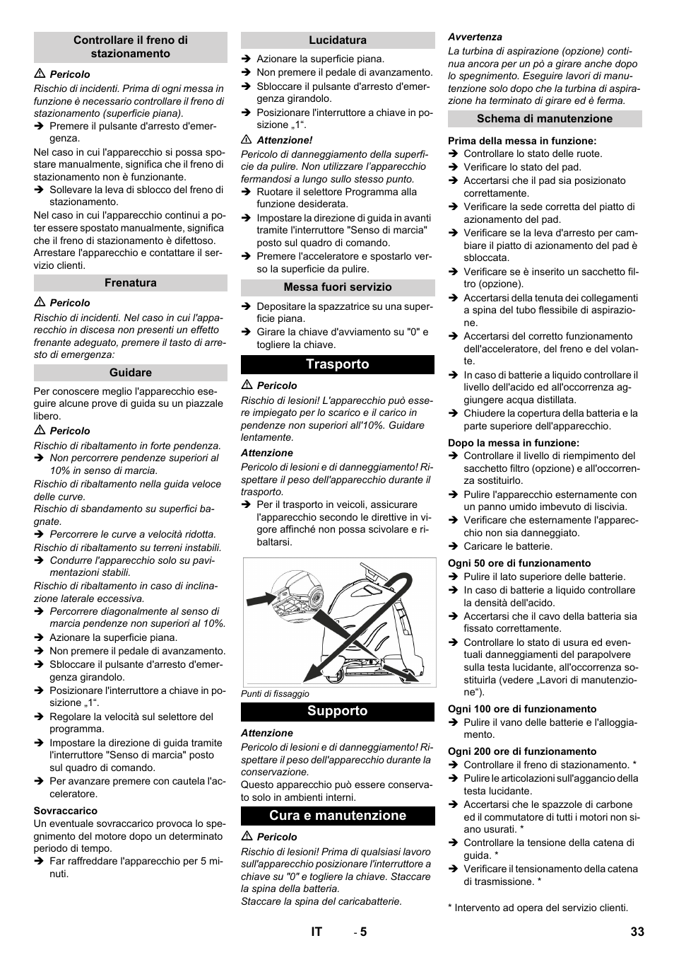 Trasporto supporto cura e manutenzione | Karcher BDP 50 - 2000 RS Bp Pack User Manual | Page 33 / 236