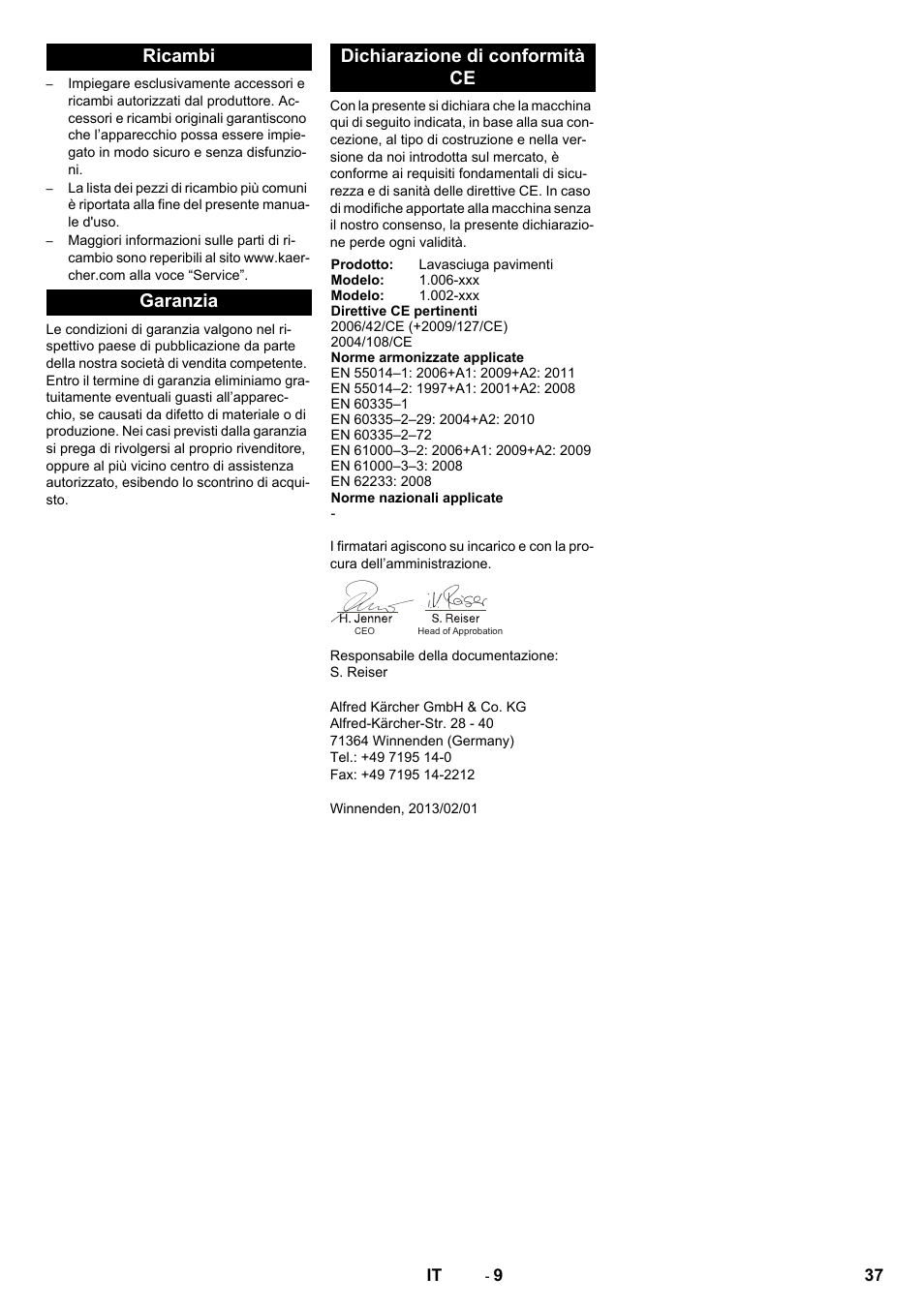 Ricambi garanzia dichiarazione di conformità ce | Karcher BDP 50 - 2000 RS Bp Pack User Manual | Page 37 / 236