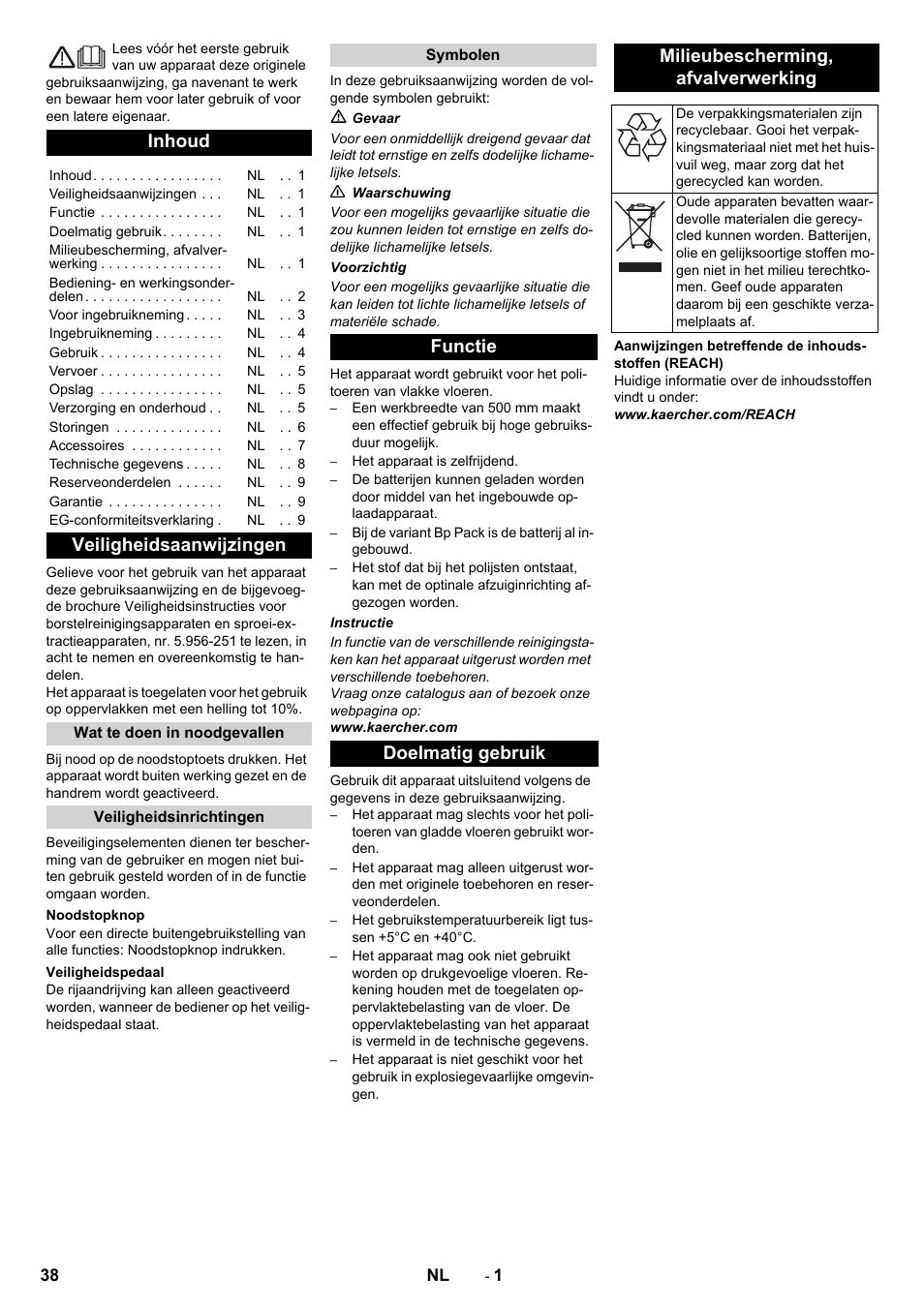 Nederlands, Inhoud, Veiligheidsaanwijzingen | Karcher BDP 50 - 2000 RS Bp Pack User Manual | Page 38 / 236