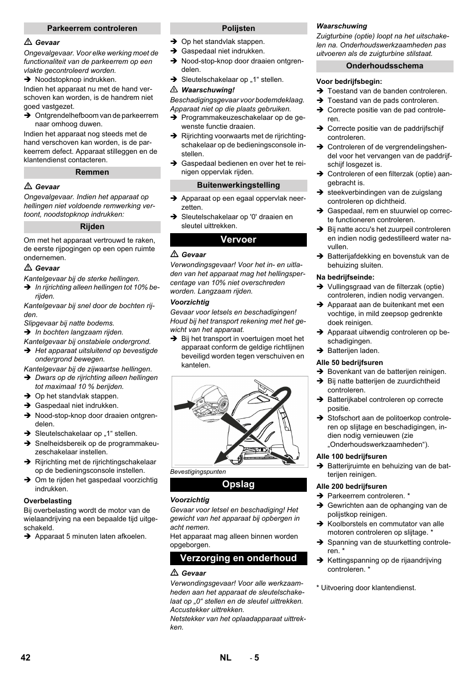 Vervoer opslag verzorging en onderhoud | Karcher BDP 50 - 2000 RS Bp Pack User Manual | Page 42 / 236