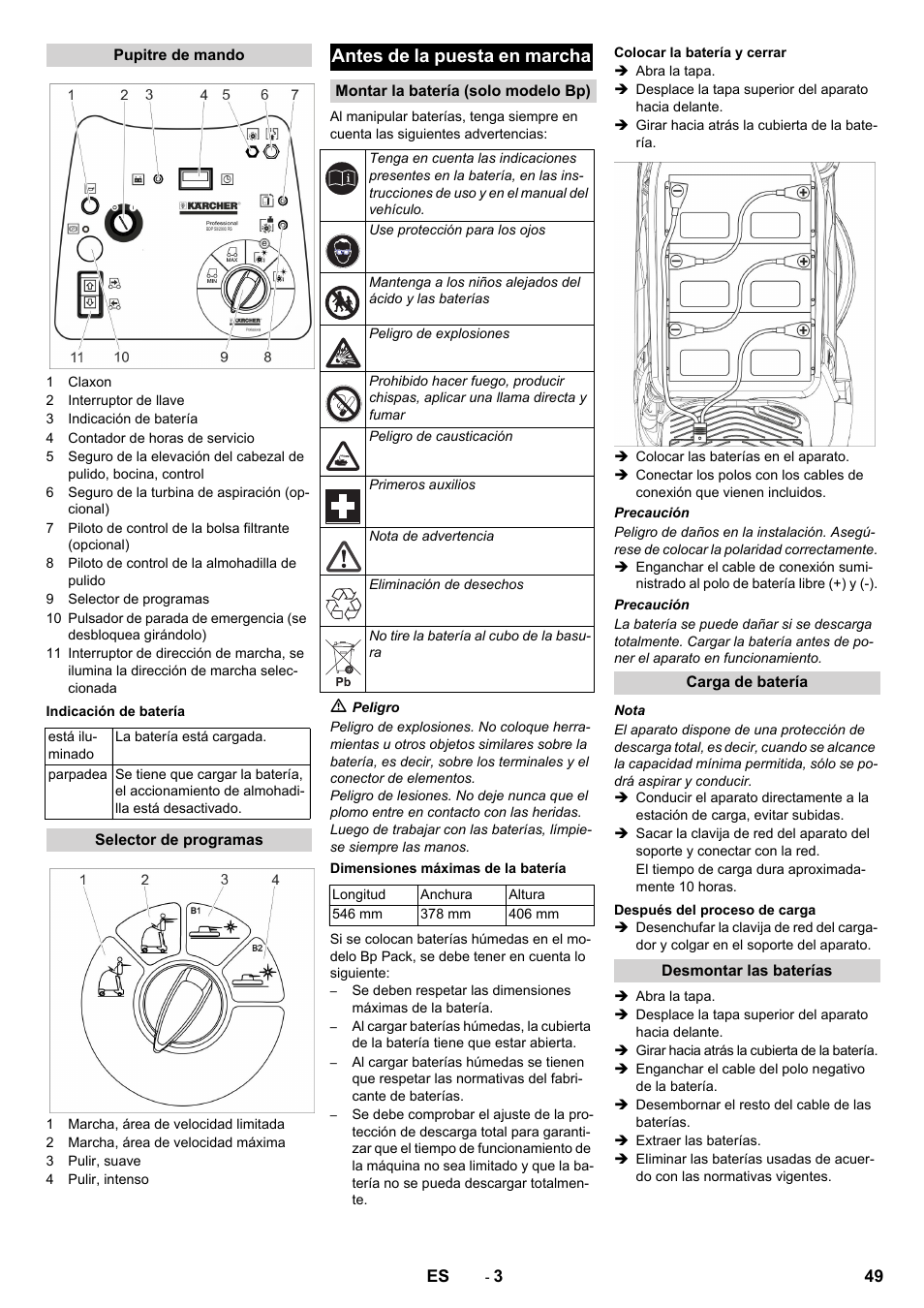 Antes de la puesta en marcha | Karcher BDP 50 - 2000 RS Bp Pack User Manual | Page 49 / 236