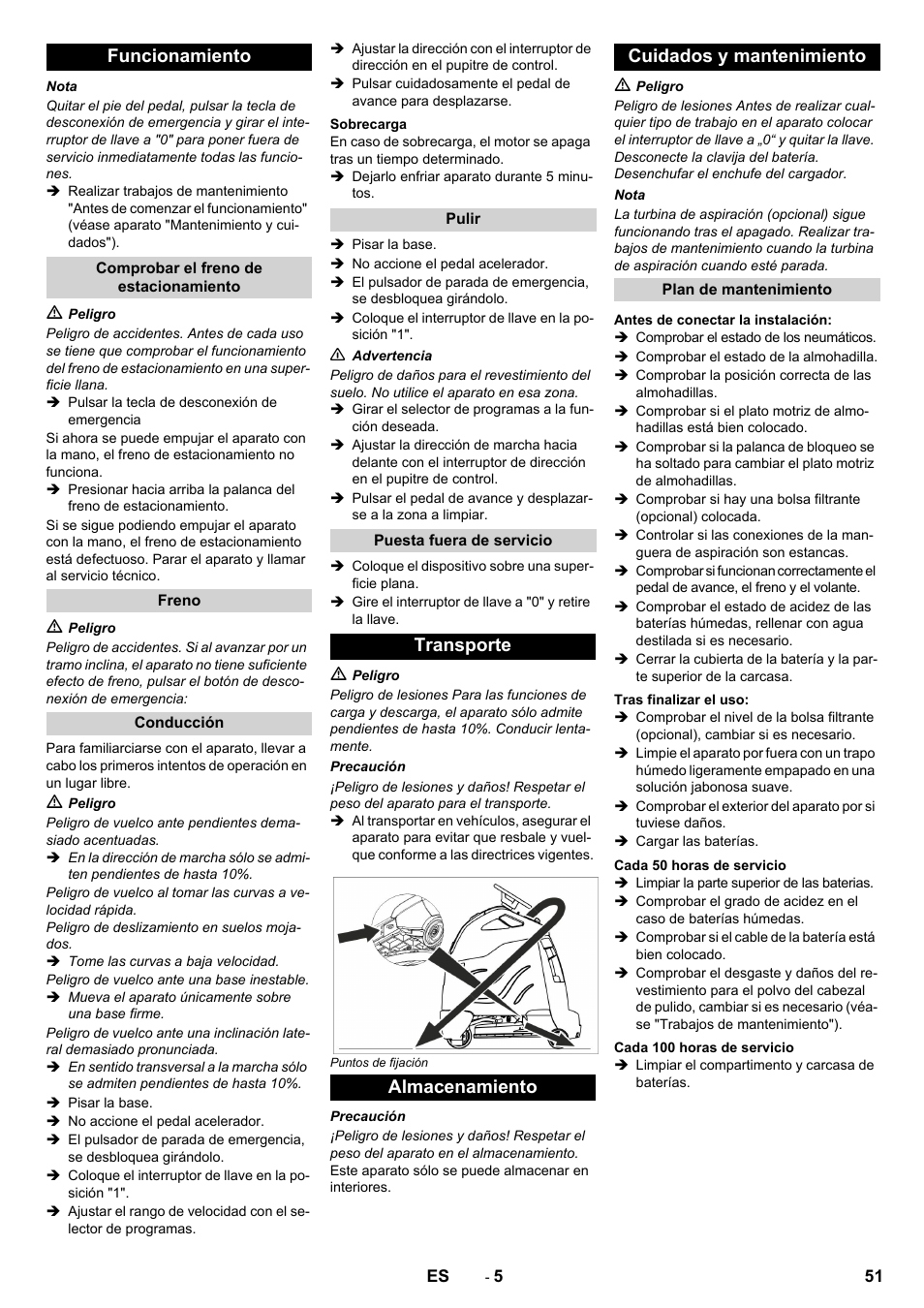 Funcionamiento, Transporte almacenamiento cuidados y mantenimiento | Karcher BDP 50 - 2000 RS Bp Pack User Manual | Page 51 / 236