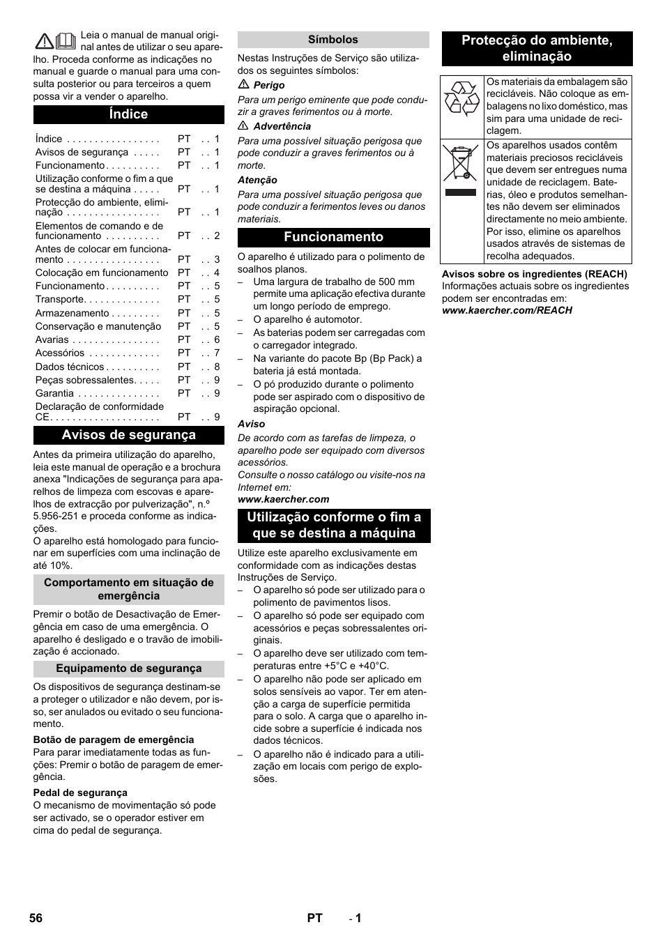 Português, Índice, Avisos de segurança | Karcher BDP 50 - 2000 RS Bp Pack User Manual | Page 56 / 236