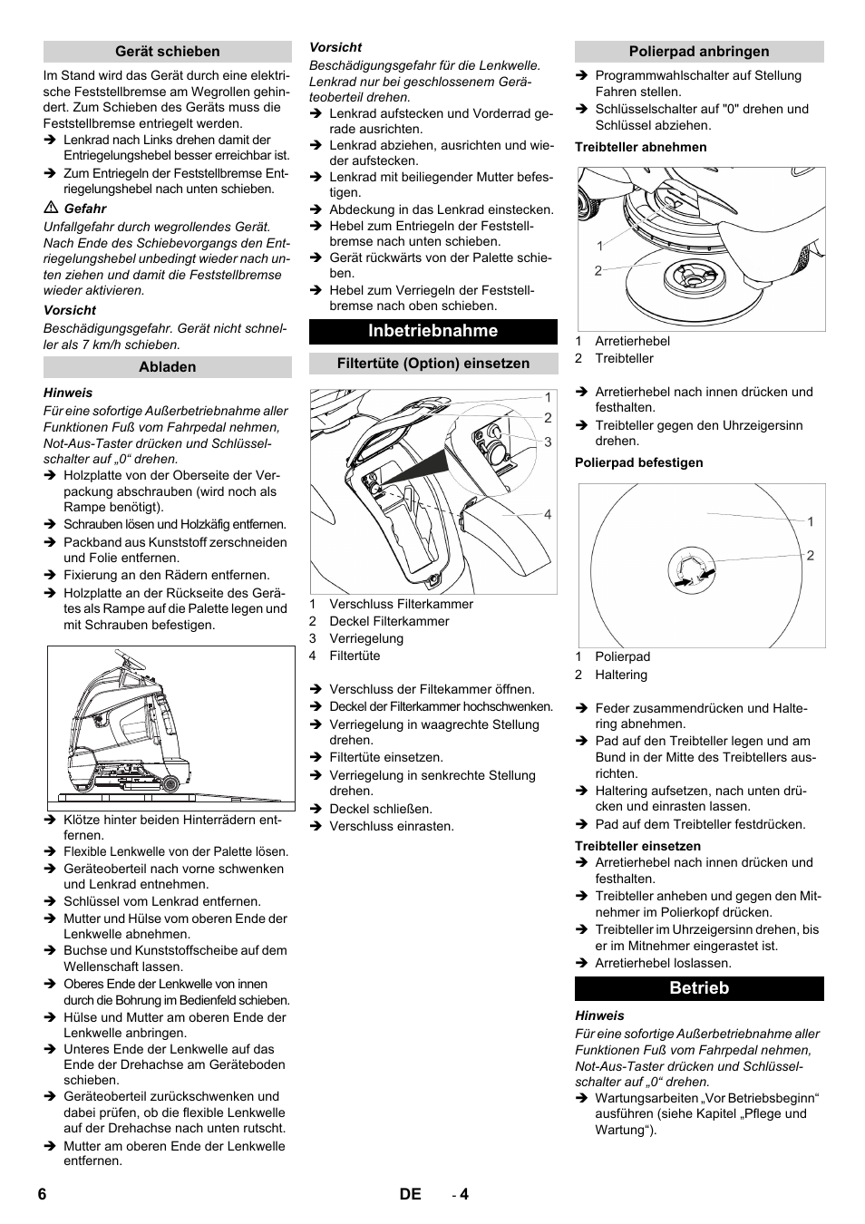 Inbetriebnahme, Betrieb | Karcher BDP 50 - 2000 RS Bp Pack User Manual | Page 6 / 236