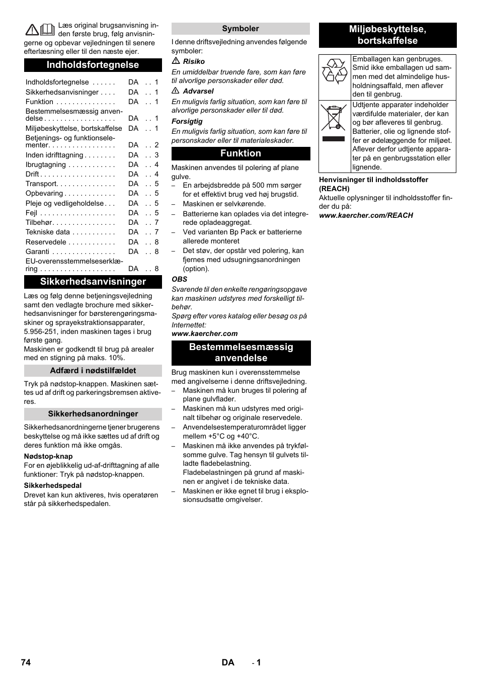 Dansk, Indholdsfortegnelse, Sikkerhedsanvisninger | Karcher BDP 50 - 2000 RS Bp Pack User Manual | Page 74 / 236