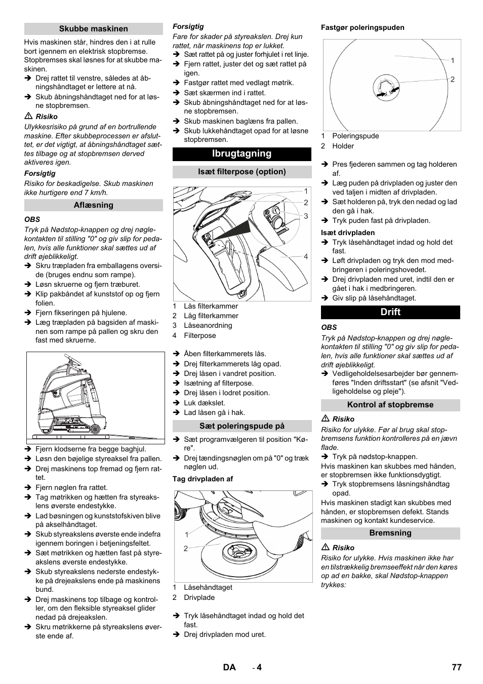 Ibrugtagning, Drift | Karcher BDP 50 - 2000 RS Bp Pack User Manual | Page 77 / 236