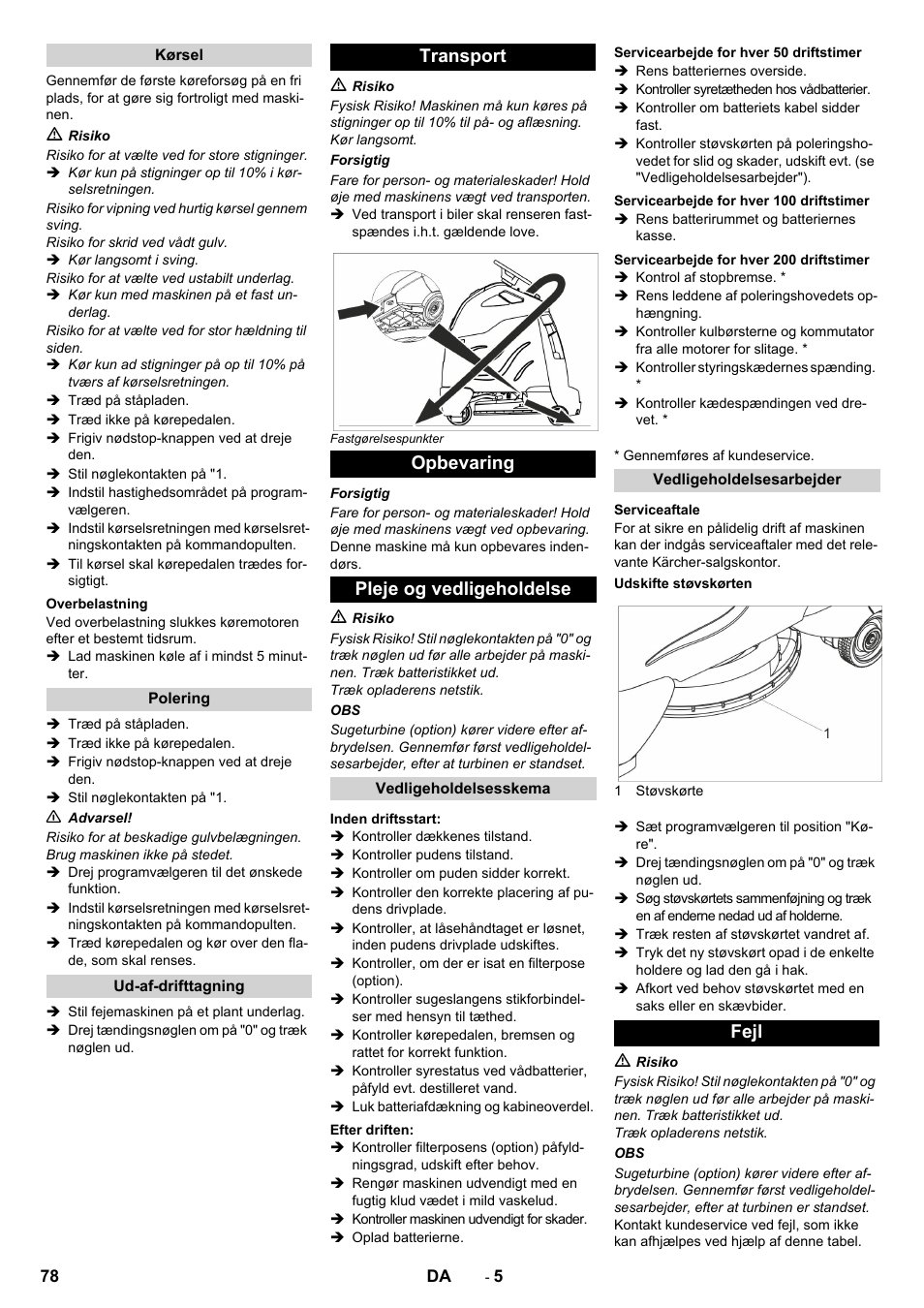 Transport opbevaring pleje og vedligeholdelse, Fejl | Karcher BDP 50 - 2000 RS Bp Pack User Manual | Page 78 / 236