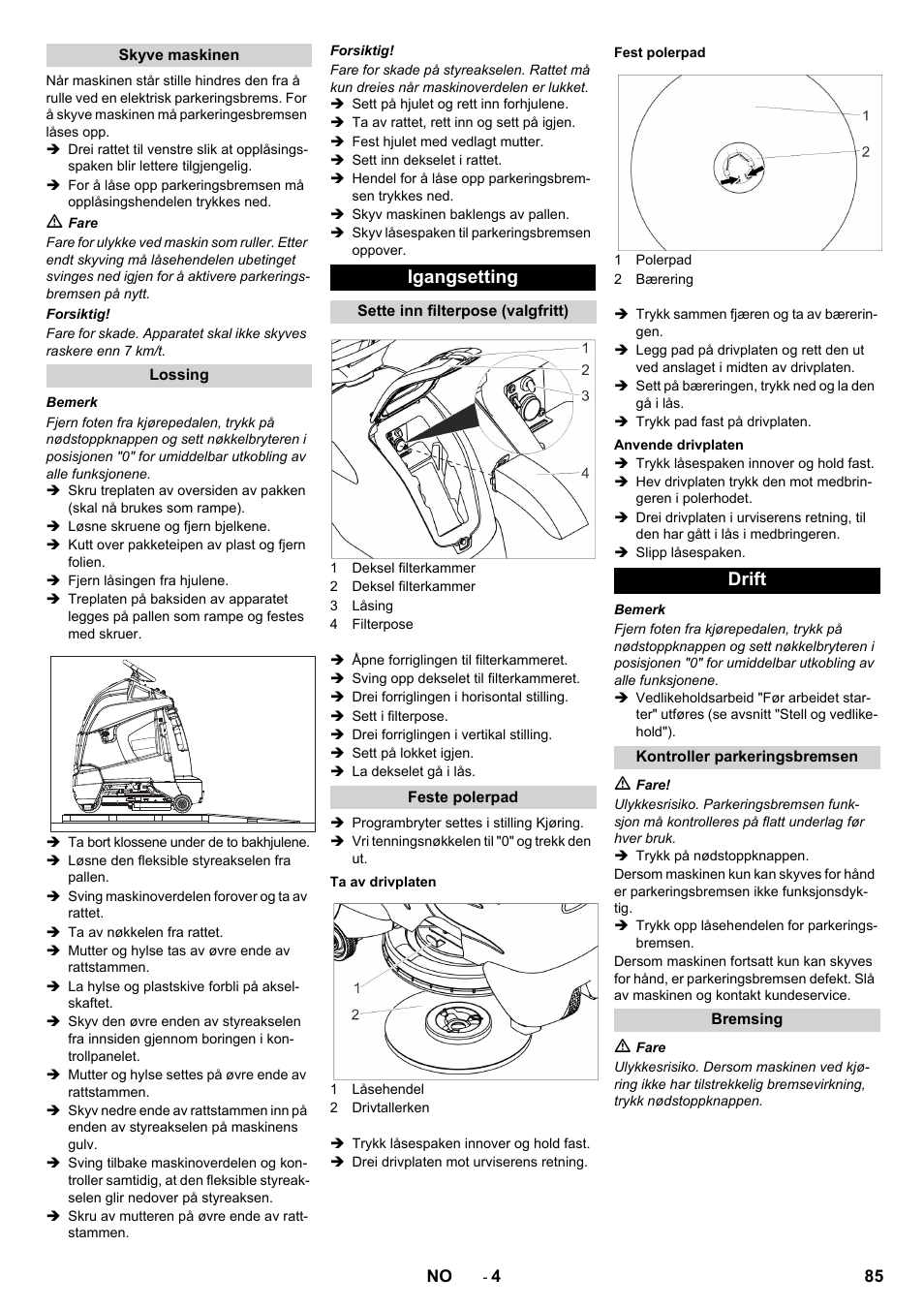 Igangsetting, Drift | Karcher BDP 50 - 2000 RS Bp Pack User Manual | Page 85 / 236