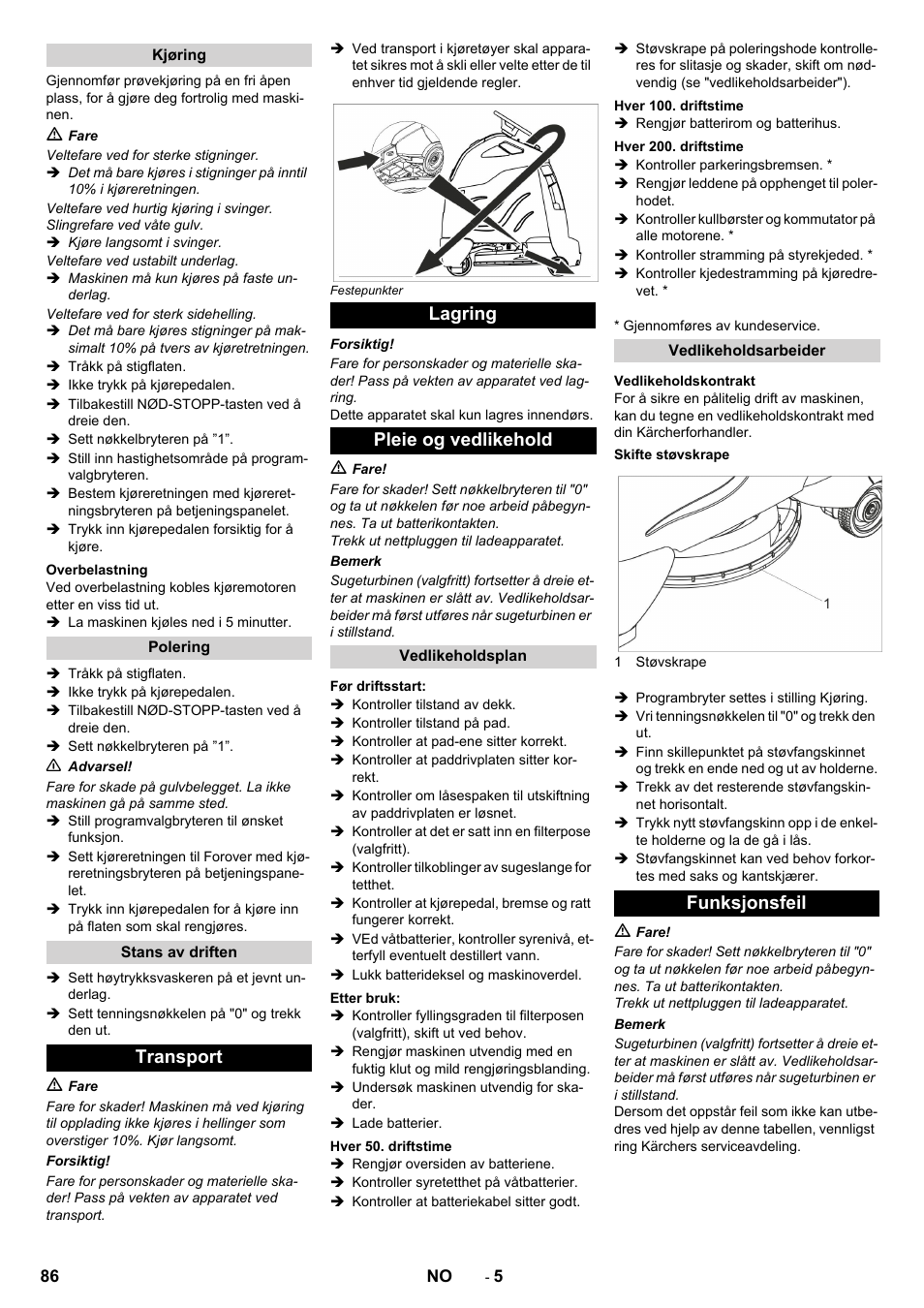 Transport lagring pleie og vedlikehold, Funksjonsfeil | Karcher BDP 50 - 2000 RS Bp Pack User Manual | Page 86 / 236